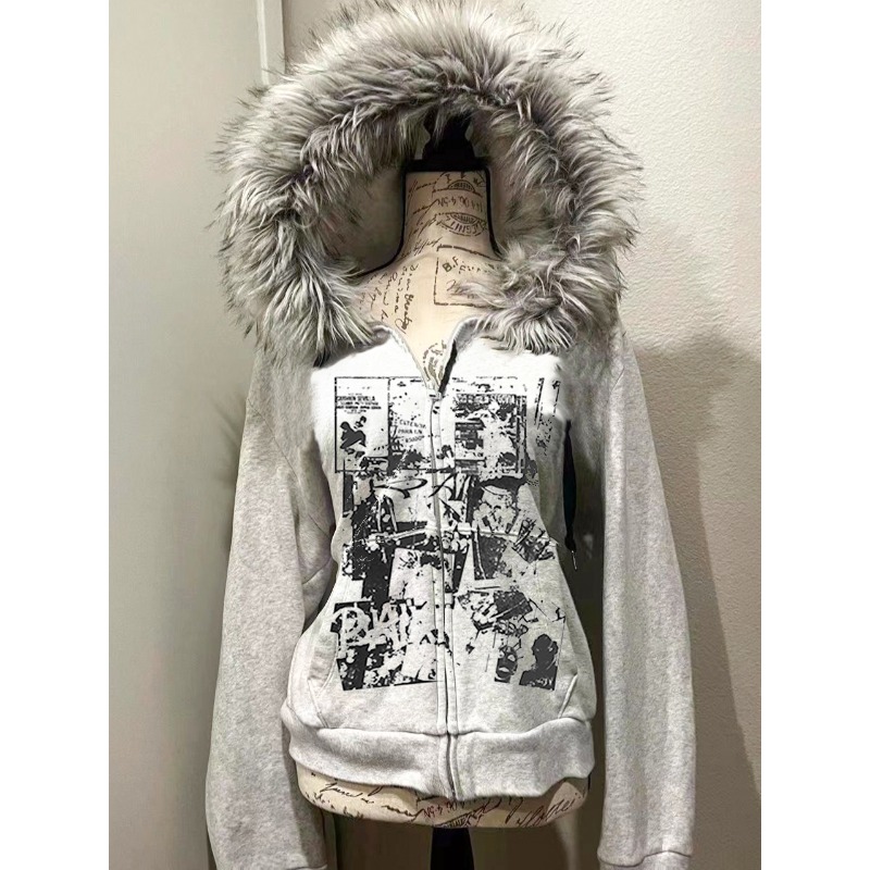 Women'S Fashion Zip Up Hoodies - Grey Faux Fur Wool Double Zipper