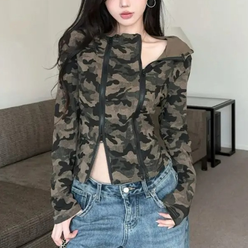 Women'S Fashion Zip Up Hoodies - Women Camo Zip-up Hoodie Cropped Fit