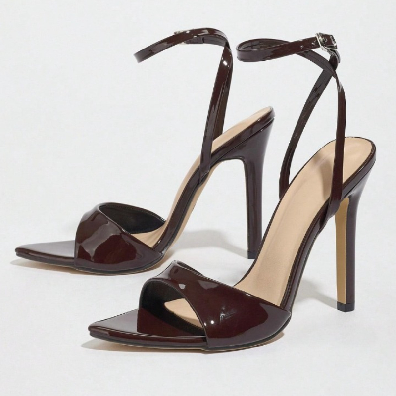 Women'S Fashion Brand Shoes - Coffee Patent Leather Heeled Sandals Women