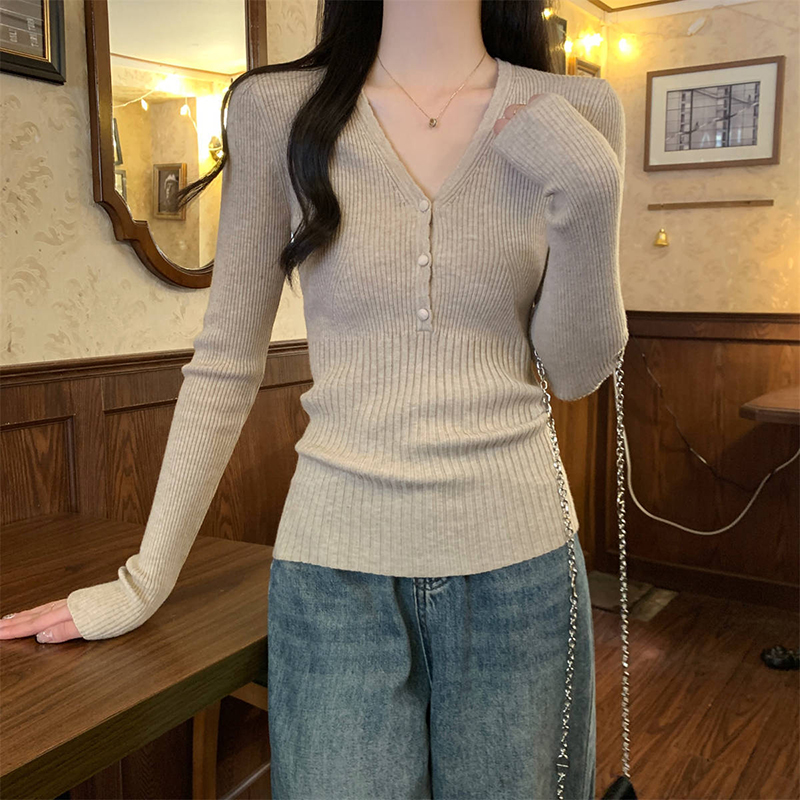 Ribbed Knit Sweater - Stretch Slim Fit V-Neck Knitted Sweater