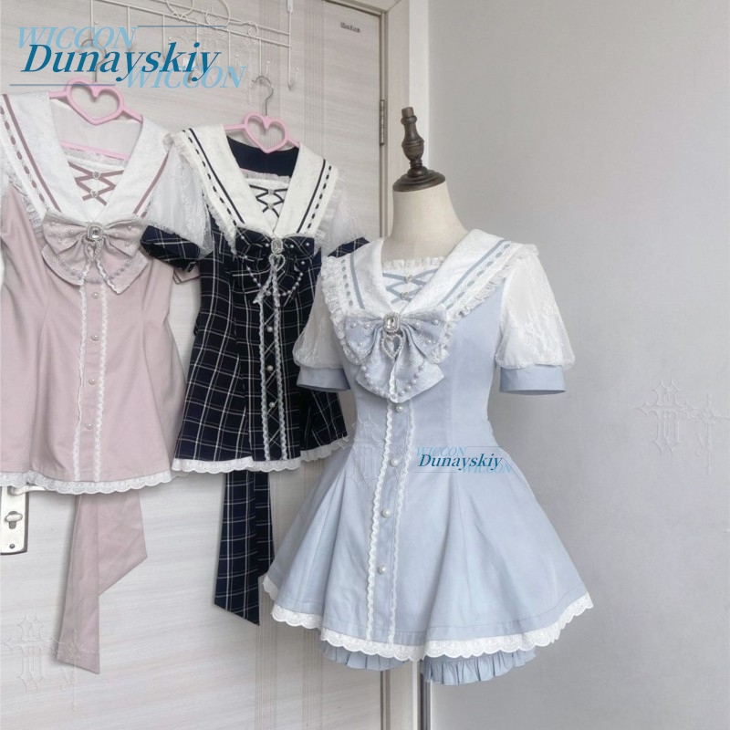 Sleeveless Jumpsuit - Sailor Collar Dress Set Lace Bow