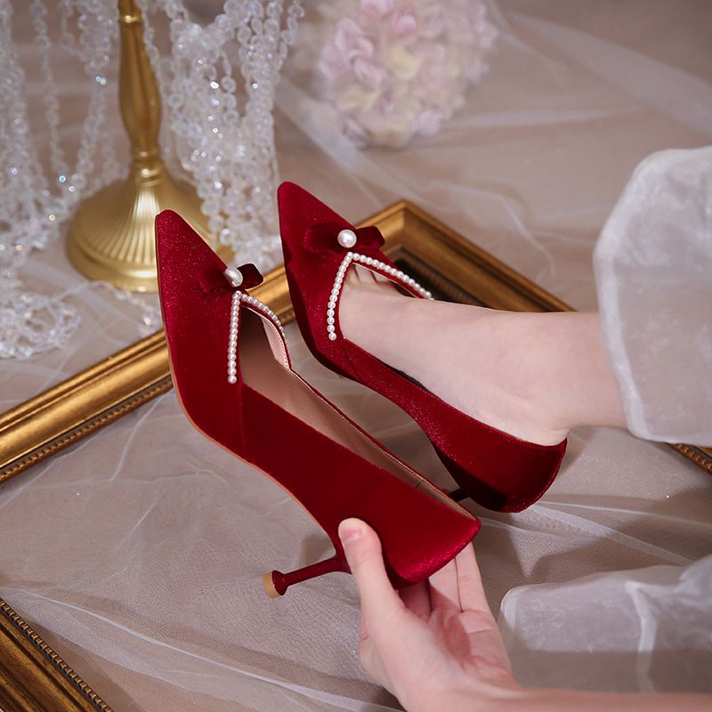 Women'S Fashion Quick Delivery - Red High Heel Pearl Ladies Pumps