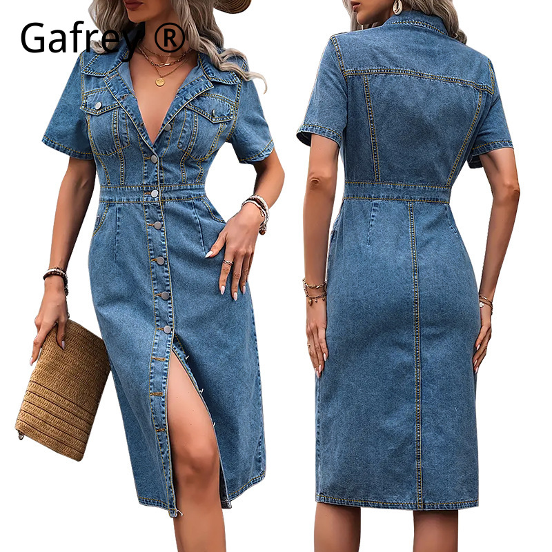 Women Fashion Jeans - Plus Size Women Lapel Denim Dress