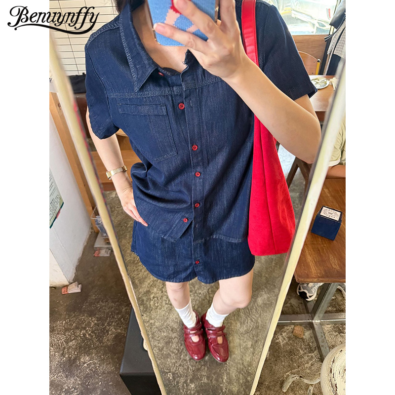 Women Fashion Jeans - Benuynffy Retro Short Sleeved Denim Shirt