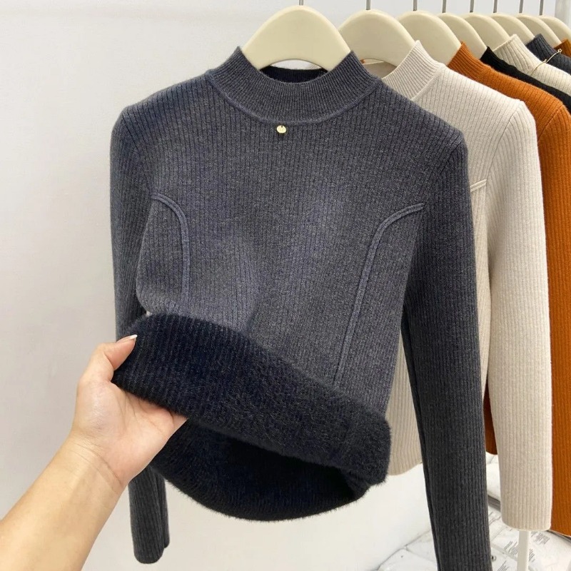 Ribbed Knit Sweater - Women Fleece Lined Mock Neck Knit