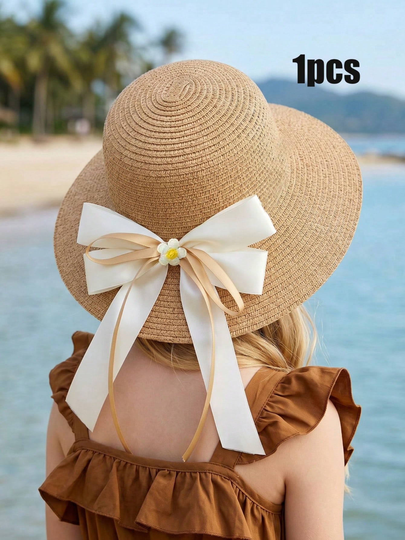 Straw Hat Summer - 1Pc 3-8Y Girls Coffee Bow Straw
