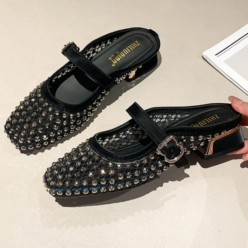 Mesh Rhinestone Chunky Heel Mu - огляд і ціна Women'S Fashion Sandals