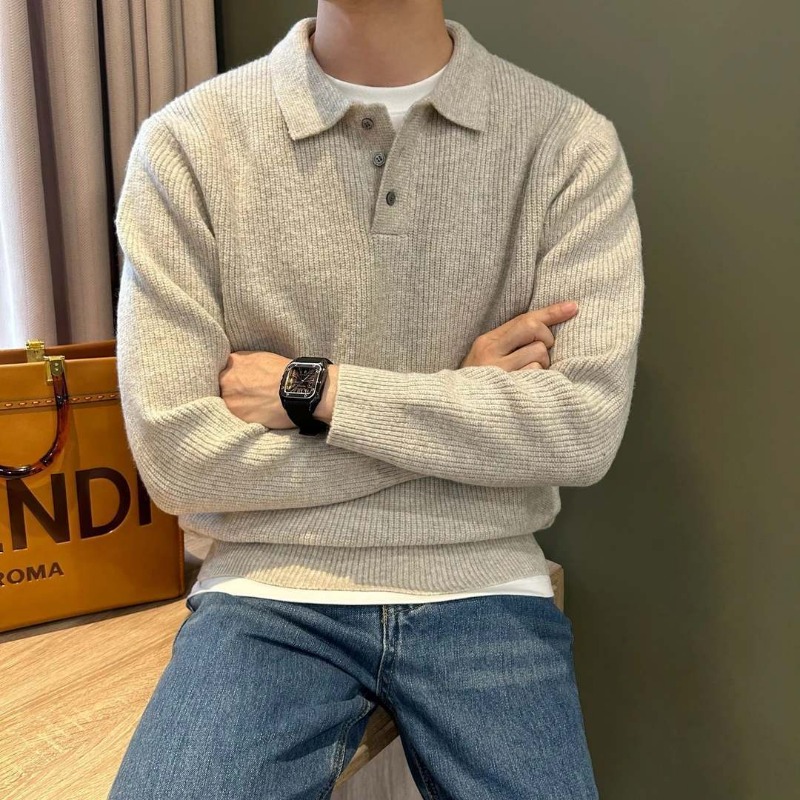 Men Lapel Collar Single Button - огляд і ціна Ribbed Knit Sweater
