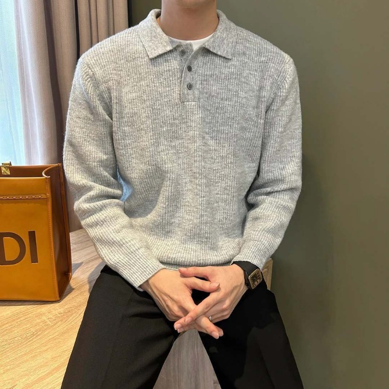 Men Lapel Collar Single Button - огляд і ціна Ribbed Knit Sweater